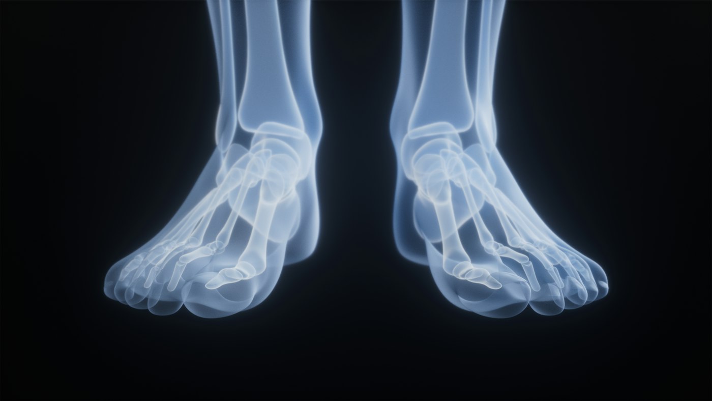 An X-ray image of the bones of two feet on a dark background